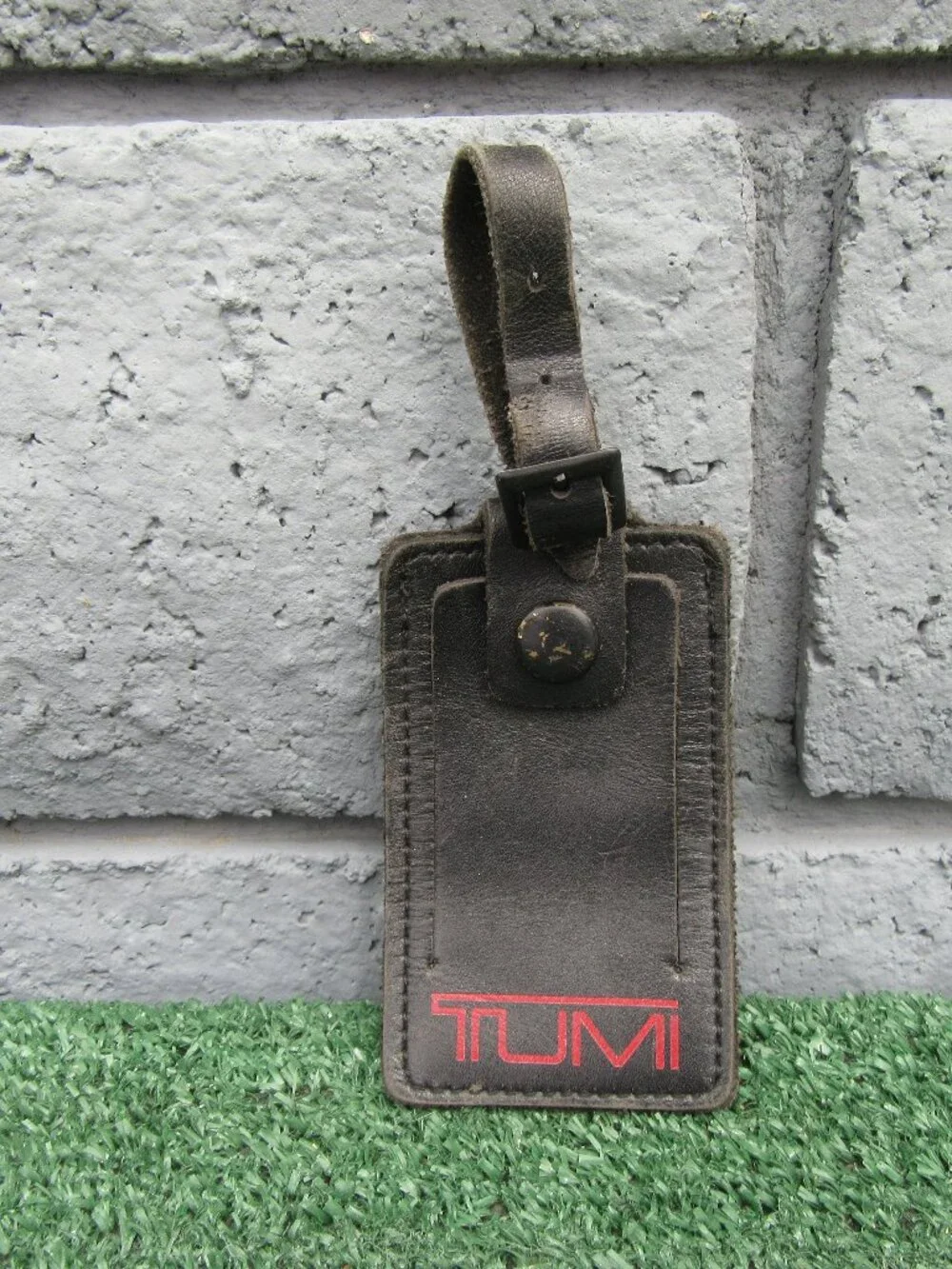 Tumi Black Red Logo Leather Luggage Tag w/ Strap